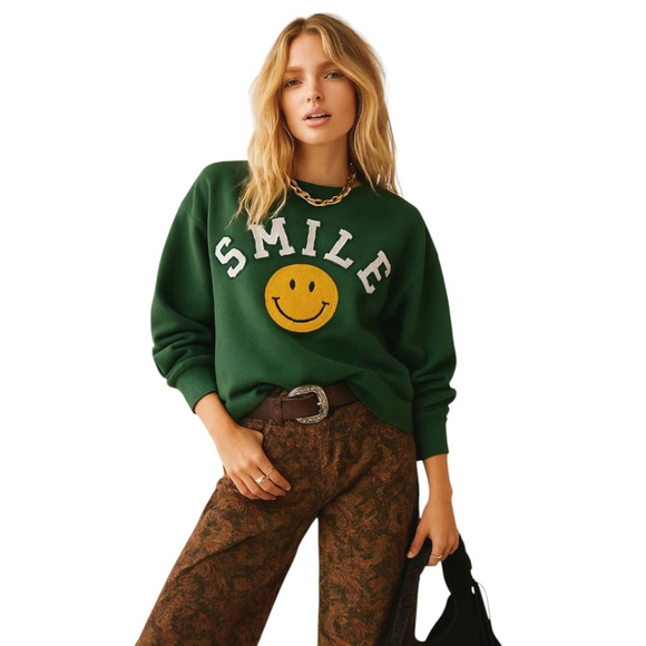 Altar’d State Happy Face Terry Crewneck Sweatshirt Green Retro Y2K Sz S - Picture 12 of 13